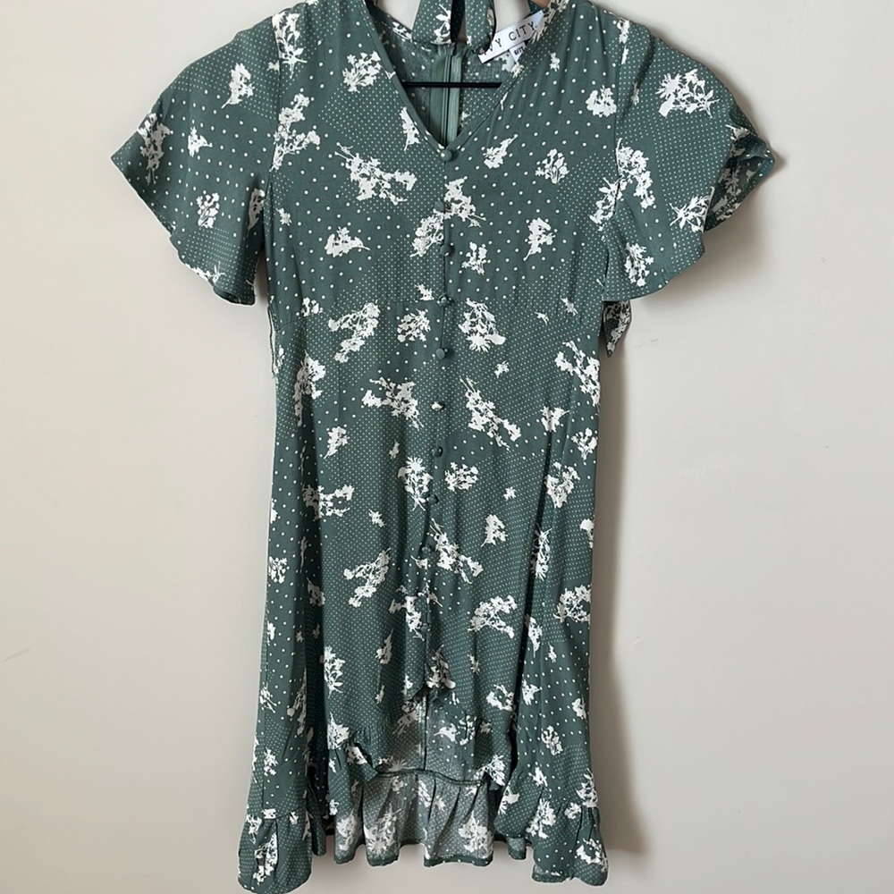 Ivy City Co Green Floral Polka Dot Ruffle Hem Dress